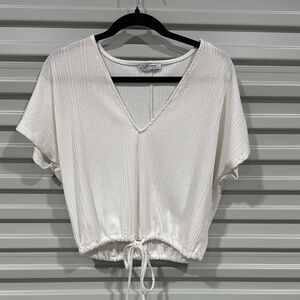 Zara Cream V-Neck Textured Drawstring Crop Top